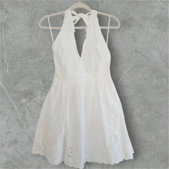 Zara NWT Cotton Eyelet Embroidered V-Neck  Mini Halter Dress Lined Size M - Picture 4 of 14